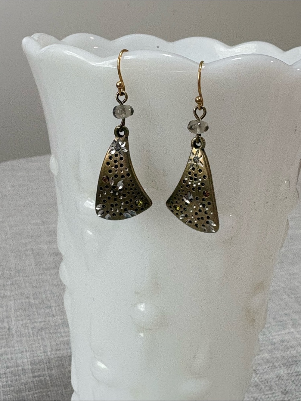 Chico's Antique Gold Tone Perforated Teardrop Dangle Earrings with Smoky Beads